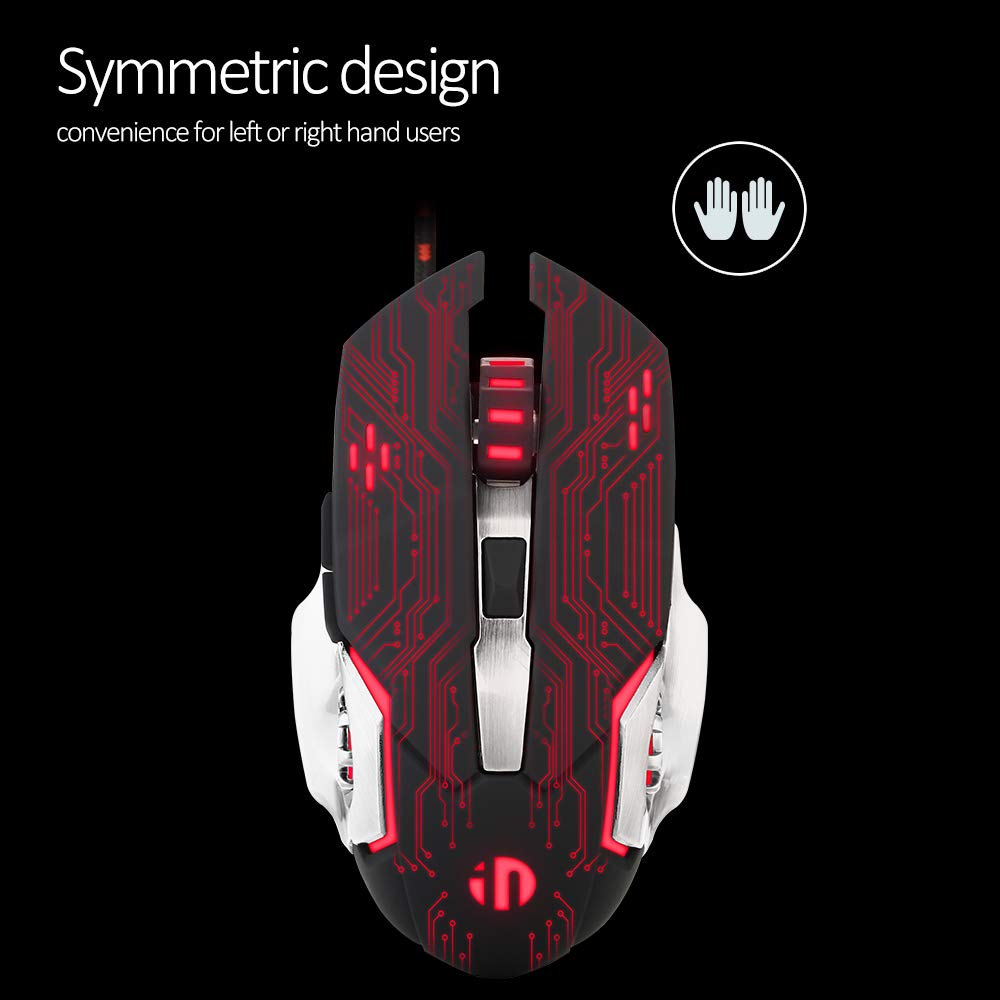 Inphic Gaming Mouse, Silent Click USB Optical Wired PC Laptop Computer Gaming Mouse 4800DPI Ergonomic Mice with 6 Programmable Buttons,4 DPI Adjustment, RGB Breathing LED