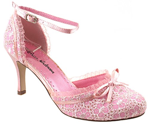 Brian Anderson Shoes Women's Abia-3 Pink Mid Heels Fabric Weave Pumps with Ankle Strap and TopKnot 6 D(M) US