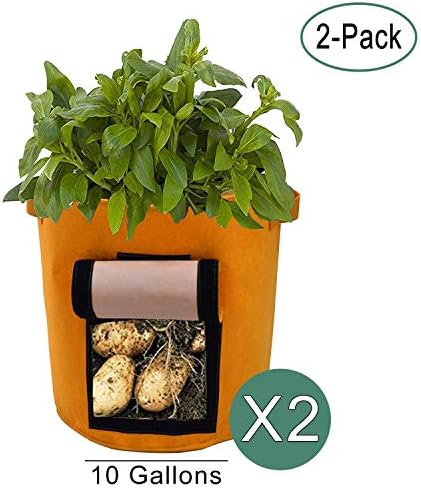 Potato Grow Bag, 2-Pack Potato Planter Bag, 10-Gallon Velcro Window Vegetable Grow Bag, Double Layer Premium Breathable Nonwoven Cloth with Strap Handles for Potato/Carrot and More (Orange)