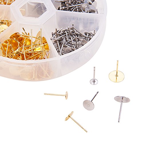 Pandahall Elite 1 Box 300 PCS 3-Size 2-Color Blank Earring Pins 304 Stainless Steel Flat Round Blank Peg & Post Ear Studs Findings