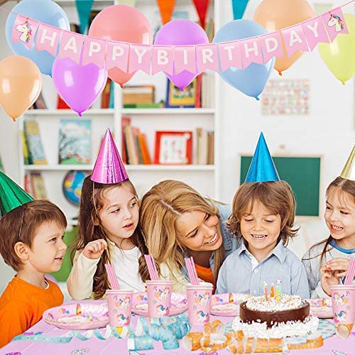 Unicorn Party Supplies Unicorn Birthday Decorations Set Includes Disposable Paper Plates, Cups, Napkins, Straws, Tablecloth, Decorations Balloons, Decorations Bunting, Serves 25, 177PCS