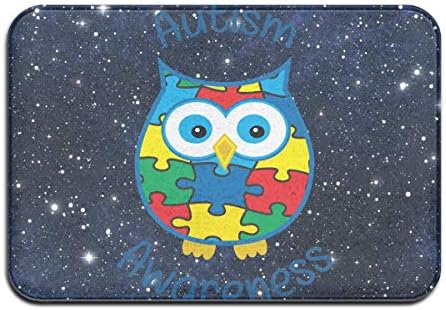 Non Slip Door Mat Outdoor,Decorative Garden Office Bathroom Door Mat with Non Slip, Inside & Outside Carpets Floor Door Mat Autism Awareness Owl Design Pattern for Hallways and Foyers White