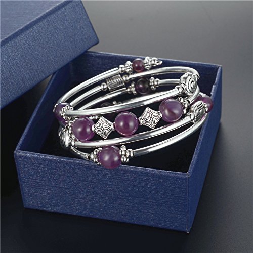 Beaded Bangle Wrap Amethyst Bracelet - Fashion Bohemian Jewelry Multilayer Charm Bracelet with Thick Silver Metal Beads for Women Girls Gifts (Purple)