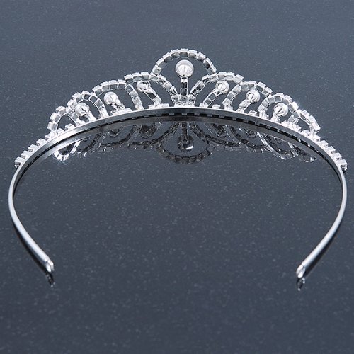 Princess Bridal/ Wedding/ Prom Rhodium Plated Austrian Crystal White Simulated Glass Pearl Tiara