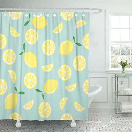 TOMPOP Shower Curtain Yellow Slice with Lemons on Blue Green Cartoon Waterproof Polyester Fabric 60 x 72 Inches Set with Hooks