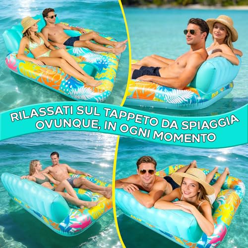 FORMIZON Inflatable Sea Mattress, 2 Seater Pool Mat, Tanning Pool Large Inflatable Tan with Ice Bar Thermal Bag Drink Holder and Cushion for Water Party