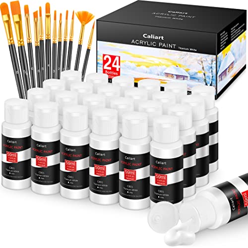 Caliart White Acrylic Paint With 12 Brushes, 24 Titanium White Paint (59ml, 2oz) Art Craft for Adults Artists Beginners & Painters, Canvas Halloween Pumpkin Ceramic Rock Painting Art Supplies