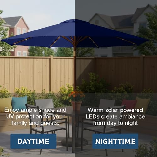 Patio kingdom 9' Solar LED Patio Umbrella with Tilt & Crank | 8 Sturdy Ribs,UV Protection,Outdoor Market Table Umbrella for Deck,Lawn,Pool,Backyard