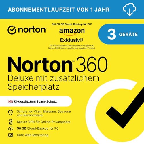 Norton 360 Deluxe mit extragroßer Backup-Kapazität – Amazon Exklusiv* 25GB zusätzlicher Cloud-Backup Speicher. Antivirus Software für 3 Geräte und einem Jahr Laufzeit