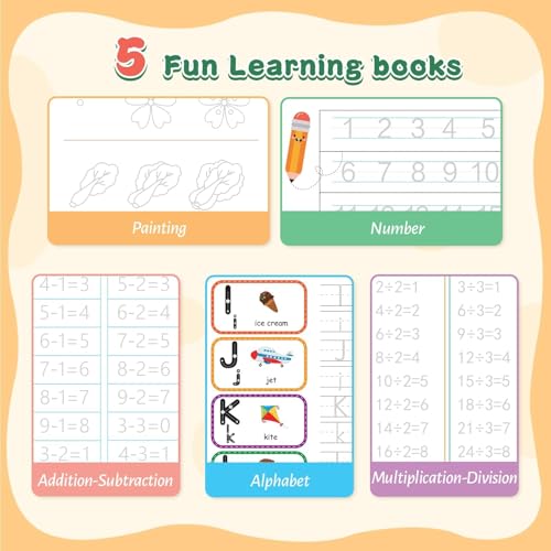 Large Grooved Handwriting Practice Books, 5-Pack Reusable Magic Copybooks with Pencil Grips, Tracing Books for Kids Ages 3-8, Preschool Kindergarten Learning Activities, Alphabet and Number Workbook