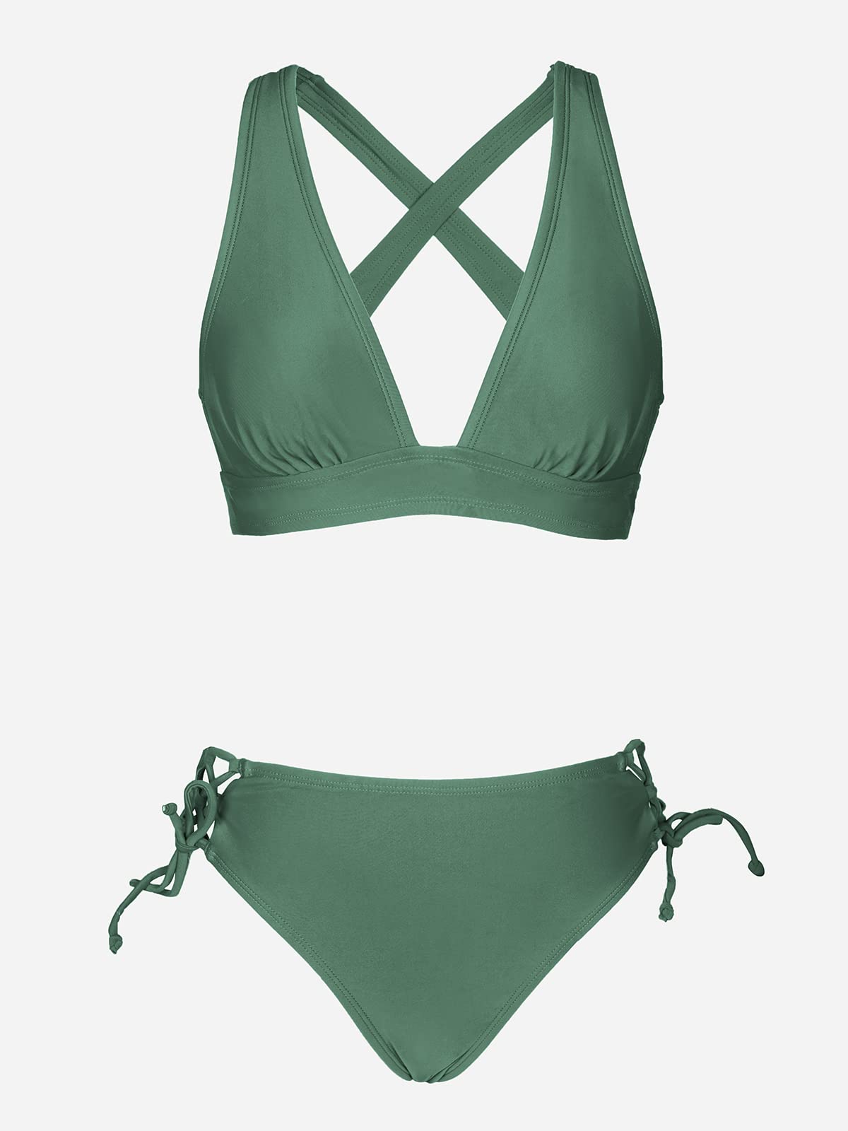 CUPSHE Bikini Set for Women Two Piece Swimsuit V Neck Triangle Top Wide Straps Cross Back Lace up Mid Rise M, Green - Image 5