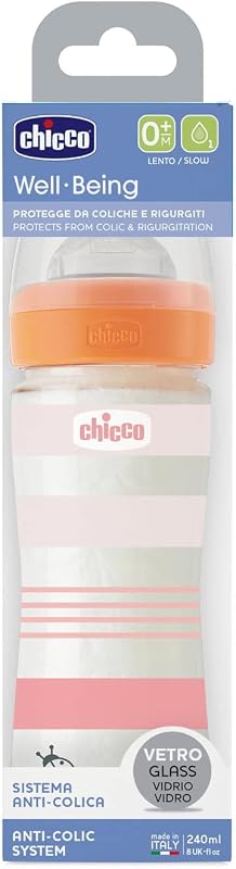 Frasco Benessere de fluxo lento, com mamila Physio de silicone macio e acabamento Soft Sense, anti-cólicos, reduz regurgitação e irritabilidade, frasco de vidro de 240 ml, 0 meses + para