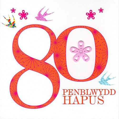 Claire Giles Greeting Cards, Welsh Happy 80th Birthday Card, Penblwydd Hapus, Pink Age 80 Welsh Language Greeting Card