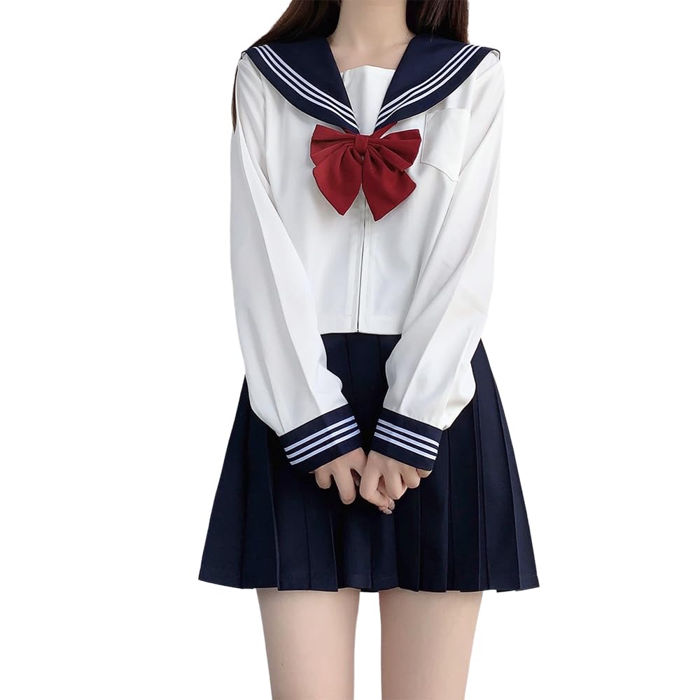 [GSYCL] セーラー服 本格制服 紺色 赤蝶結ぶ 長袖 半袖 女子高生 高校生 学校 3点セット コスプレ JK 制服 プリーツスカート 女子制服 正統派 三本 学园歳 卒業式 歓送迎会 大きいサイズ レディース 可愛い (长袖セット, XL) の商品画像