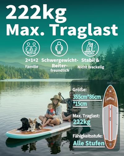 COOLCAA SUP Board, 355 cm (Extra Large) Stand Up Paddling Board, Inflatable Stand-Up Paddle Board with 86 cm Extra Wide, Fishing Paddleboard with Accessories & Carry Bag for Adults, 222 kg