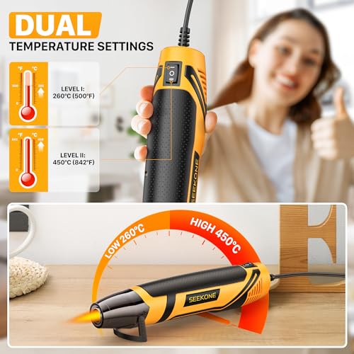 SEEKONE Mini Heat Gun 2 Temperature 260℃/450℃, 350W Handheld Hot Air Gun Tool 1.5S Fast Heating with Overload Protection, Non-Slip Rubber Body, Nozzle for Craft Embossing, Shrink Wrapping