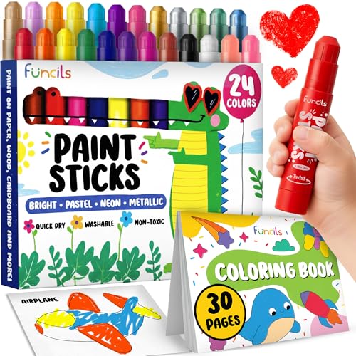 Funcils 24 Tempera Paint Sticks for Kids with Coloring Book - Washable, Non-Toxic Markers for Toddlers | Works on Paper, Canvas, Wood, Cardboard - Art Craft Supplies, Painting Crayons Ages 1 2 3 4 5 6