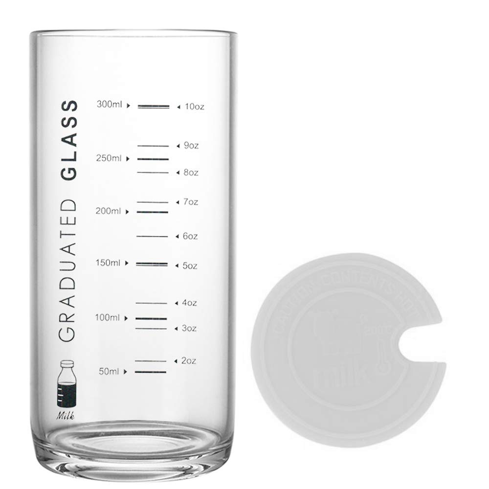 TAMUME Milk Glass Tumbler and Cup with Measures, Glass with Measurements and Silicone Lid, Max. Capacity 330ml (Black)