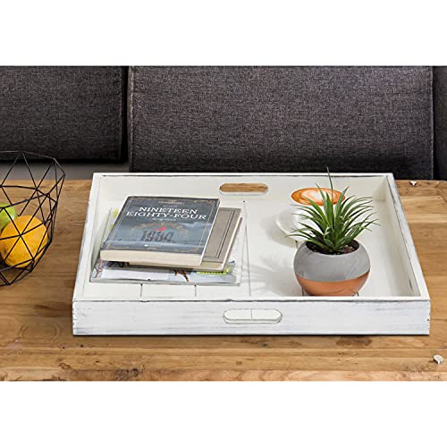 MyGift Vintage White Wood Large Ottoman Tray for Living Room, 19Inch