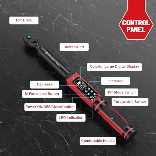 SUERCUP 1/2" Drive Digital Torque Wrench, 3.8-250.8Ft.Lb/5.1-340Nm, ±1% Accuracy, Electronic Torque Wrench with Vibration/Buzzer/LED, 9 Presets & 5 Units, for Lug Nuts, Suspension, Brakes & Moto
