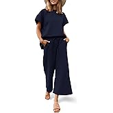 Fazortev Womens 2 Piece Outfits Sweatsuit Short Sleeve Tops and Drawstring Waist Cropped Wide Leg Pants Loungewear Sets