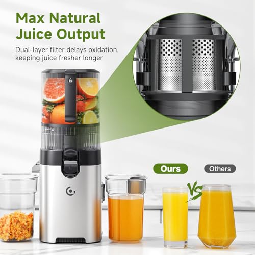 AMZCHEF Cold-Press-Juicer-Machines, 165MM Large Feed Chute, 600W DC Motor, Slow Masticating Juicer with Pre-Cut Blade, 2 Strainers for Juice, Nut Milk & Sorbet, High Juice Yield, Easy to Clean