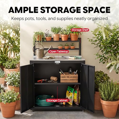 FEASTO Outdoor Potting Bench Table with Storage Cabinet, Stainless Steel Garden Workstation with Raised-Edge Top, Adjustable Shelf & Removable Hutch, Potting Table for Patio, Black/Coffee | Stainless Steel Garden Workstation, Raised-Edge Top, Adjustable Shelf & Removable Hutch, Patio, Balcony & Outdoor Workspace