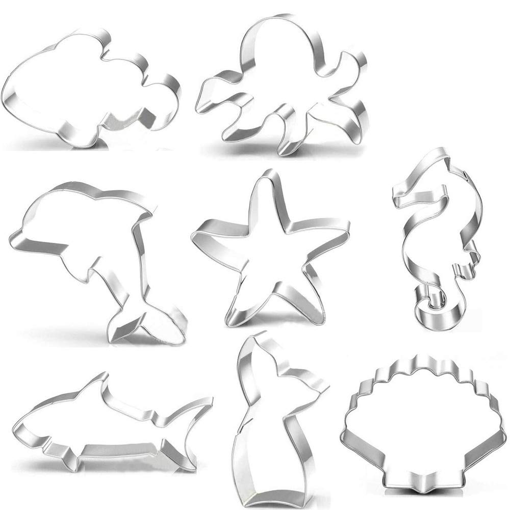 Cookie Cutter Set, 8pcs Ocean Creature Cookie Cutters Mermaid Tail,Dolphin,Starfish,Seashell,Seahorse,Shark,Clownfish, Stainless Steel Cookies Molds Biscuit Fondant Baking Mold