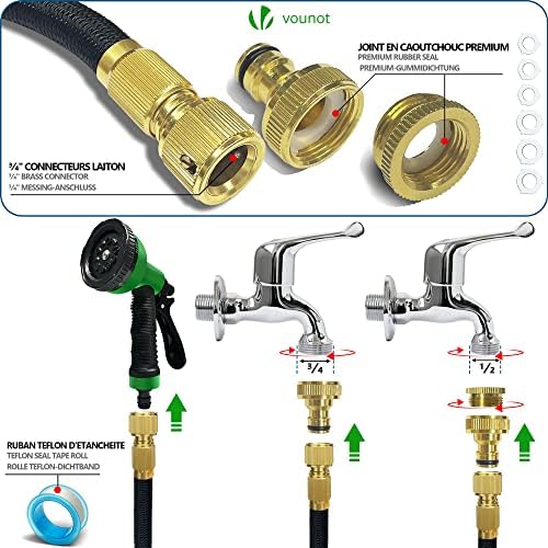 Flexibler Gartenschlauch 15 m, Flexibel Wasserschlauch Dehnbarer mit 10 Sprühfunktionen, 1/2 Zoll und 3/4 Zoll Messinganschlüssen, Aufbewahrungstasche inklusive, Schwarz