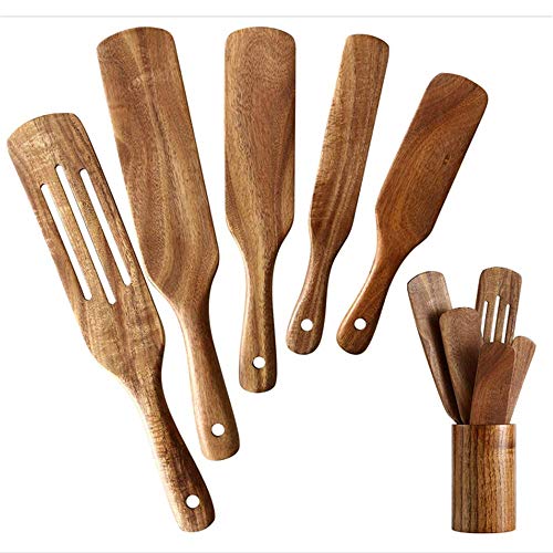 Natural Teak Wood Cooking Utensils 6 Piece Thick Hard Wooden Spurtles