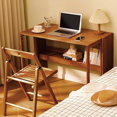 Bamboo Folding Desk Mid Century Modern Desk for Home Office Bedroom Small Spaces, Brown，40.55"/103cm Long Desktop