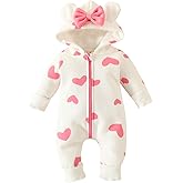 Newborn Baby Girl Hooded Jumpsuit Heart Cow Zip Up Long Sleeve Infant One Piece Romper Snowsuit Valentines Outfit