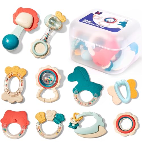 hahaland Baby Rattle 0-3 Months 10 Pieces Baby Toys 3-6 6-9 Months, Gum Massage Set for Babies BPA Free Teething Toys with Storage Box