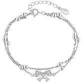 Hebelee CZ Bow Knot Ball Beaded Chain Bracelet for Women Silver Plated Crystal Hand Charms Link Stackable Bracelets Adjustable Trendy Wedding Birthday Christmas Jewelry