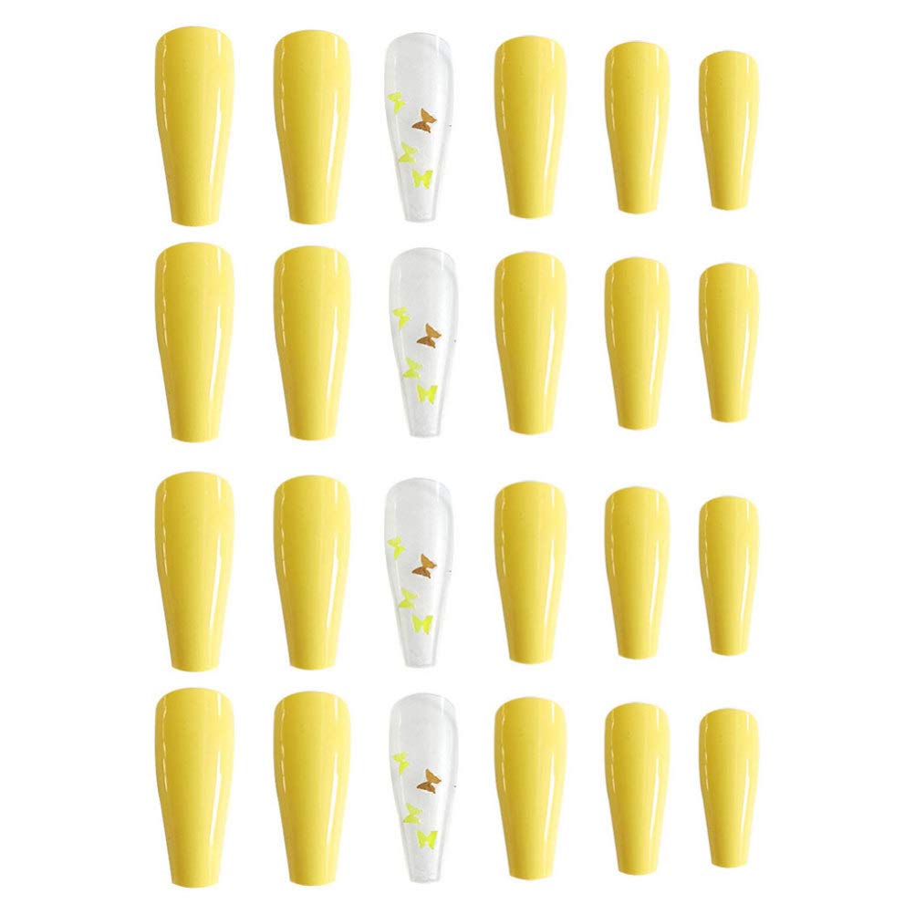 FRCOLOR 24pcs/ box Long Nail Tips Butterfly Full Cover Nails Solid Color False Nails Nail Art Accessories for Women Girls (Type 1)
