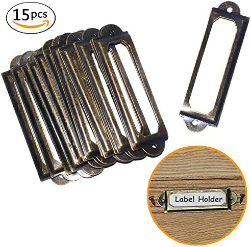 Riovean Antique Brass Metal Label Pull Frame Handle File Name Card Holder For Furniture Cabinet Drawer Case File Drawer Tag(15Pcs)