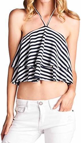 Loving People Striped Ruffled Halter Neck Top, Medium, White/Navy