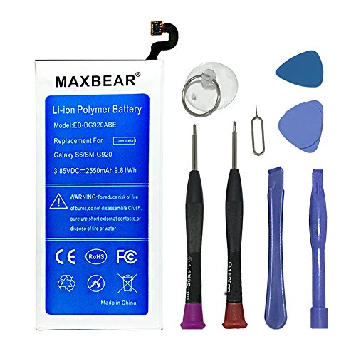 Galaxy S6 Battery,MAXBEAR [2550mAh] Lithium Ion Polymern Internal Battery EB-BG920ABE Replacement for Samsung Galaxy S6 SM-G920 with Free Tool.[12 Month Warranty]