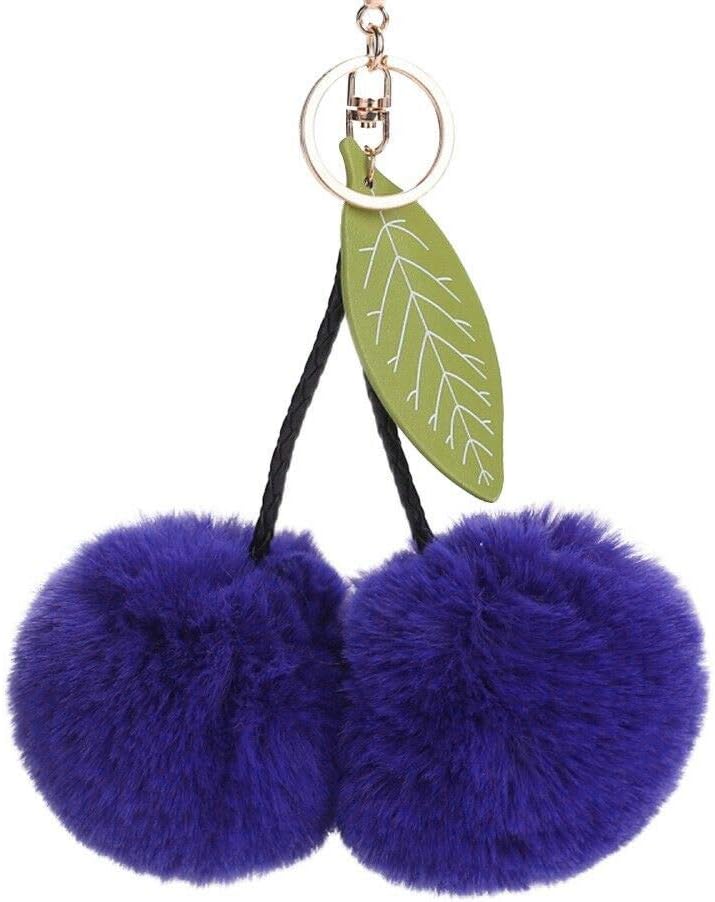 856Store Cute Cherry Keychain,Cute Cherry Keychain Leaf Ball Keyring Hanging Pendant Bag Car Key Holder Charm - Black
