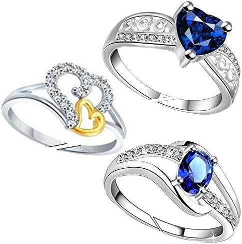 Lady touch Combo of Stylist Designer Cz Blue Stone & 2Heart Silver and Gold Plated Platinium Finger Rings for Girls & Womens Adustable(Free Size)