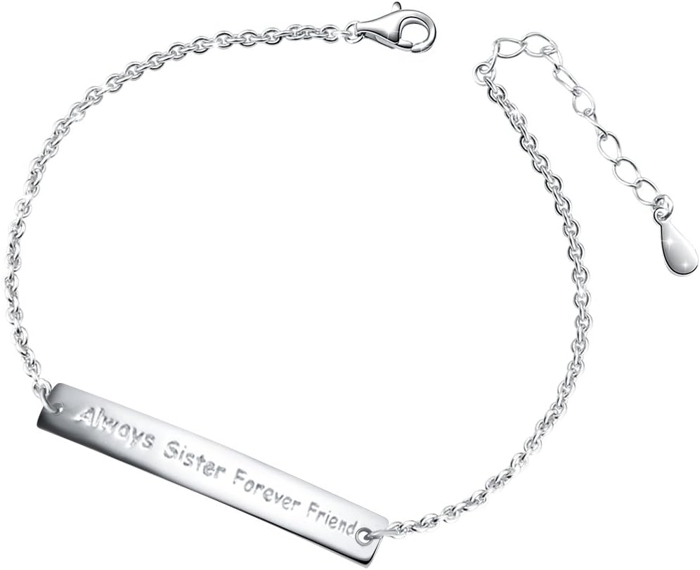 shaoan jewelry Graduation Gift S925 Sterling Silver Always Sister Forever Friend Adjustable Bar Bracelet for Women Girl Sister, 7 Inches+2 Inches