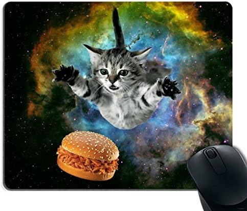 Supwek Galaxy Space Cat Gaming Mouse Pad Custom,Curious Cat Flying Through Space Reaching for a Hamburger in Galaxy Space Hilarious Mouse Pad
