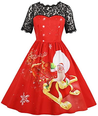 Liqiuxiang 激安格安割引情報満載 パーティー ワンピース ドレス レース切替 プリント カクテルドレス お呼ばれ サンタ スカート チュニック クリスマス コスチューム クリスマスドレス プリンセス