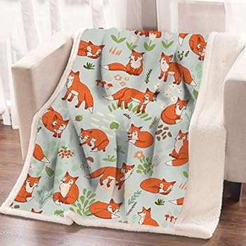 ARIGHTEX Soft Fox Sherpa Throw Woodland Creature Fleece Blanket Orange Animal Print Warm Blanket for Kids (50 x 60 Inches)