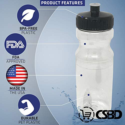 CSBD Blank 24 oz Sports and Fitness Water Bottles, BPA Free, PET Plastic, Made in USA, Bulk, 10 Pack (24 Ounces, Clear/Black)