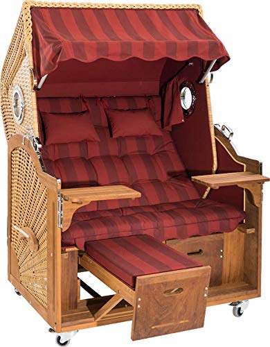 Strandkorb mit Bullaugen der Spitzenklasse Made in Germany Modell Bornholm Breite 135 cm, Irokoholz