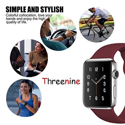 Threenine for Apple Watch Band, Durable Soft Silicone iWatch Strap Replacement Sport Band for Apple Watch Band Series 3 Series 2 Series 1 Sport, Edition (Rose wine red, 42mm M/L)