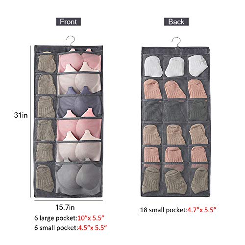 Aoolife 30 Mesh Pockets Hanging Storage Organiser with Metal Hanger, Dual-Sided Hanging Closet Organizer for Underwear, Stocking,Bra and Sock (Grey) - Thumbnail 4