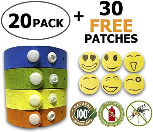 Mosquito Repellent Bracelet, Insect & Bug Repellent Bands,100% Natural,Keeps Pests & Bugs Away From Kids and Adults, Adjustable Wristbands for Indoor and Outdoor, 20 pack with FREE BONUS 30 patches