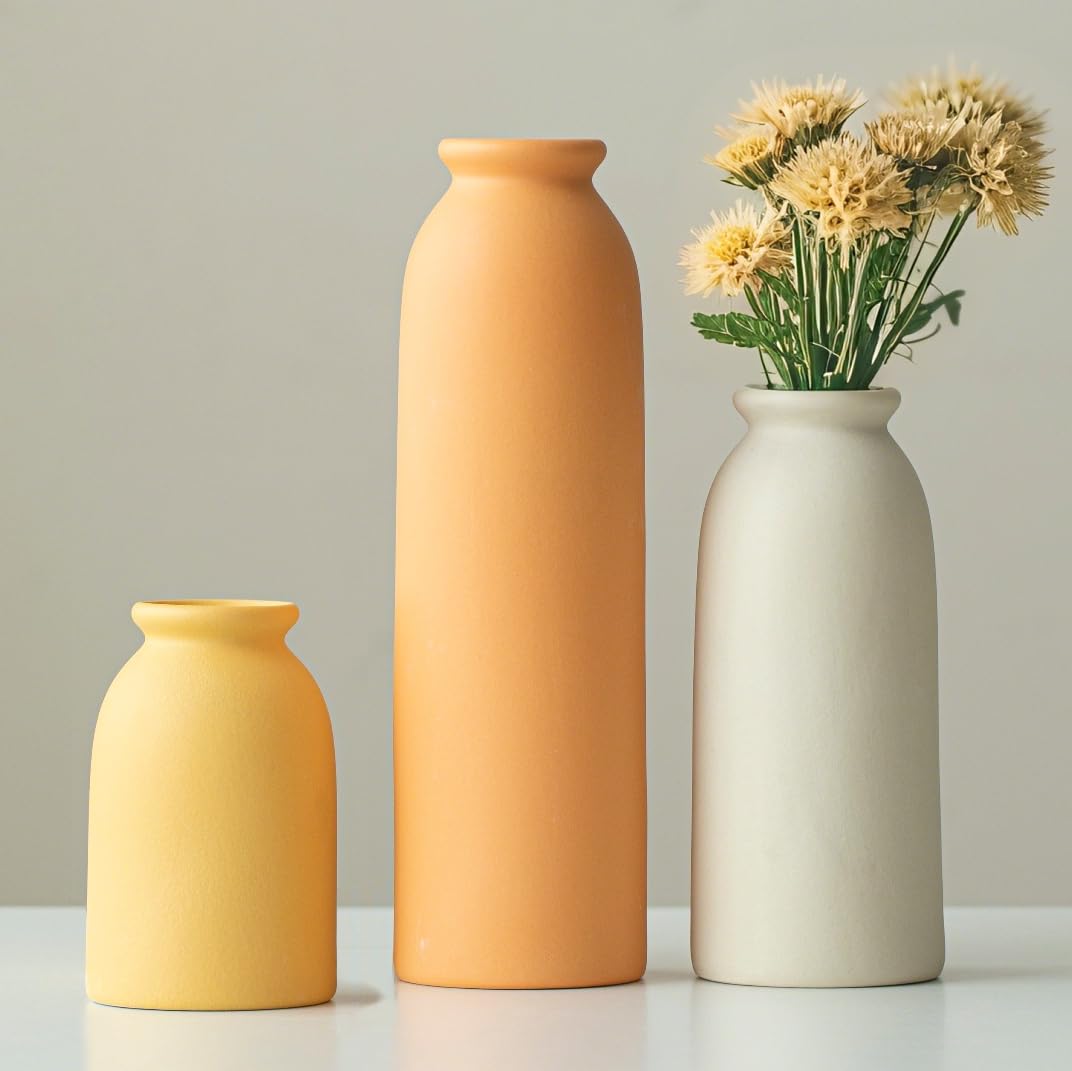 Photo 1 of 10.4 inches Tall Decorative Ceramic Vase Set, 3 Pieces, 10 inches Nordic Modern Style, White, Farmhouse Home Boho Shelf Decor(Orange)